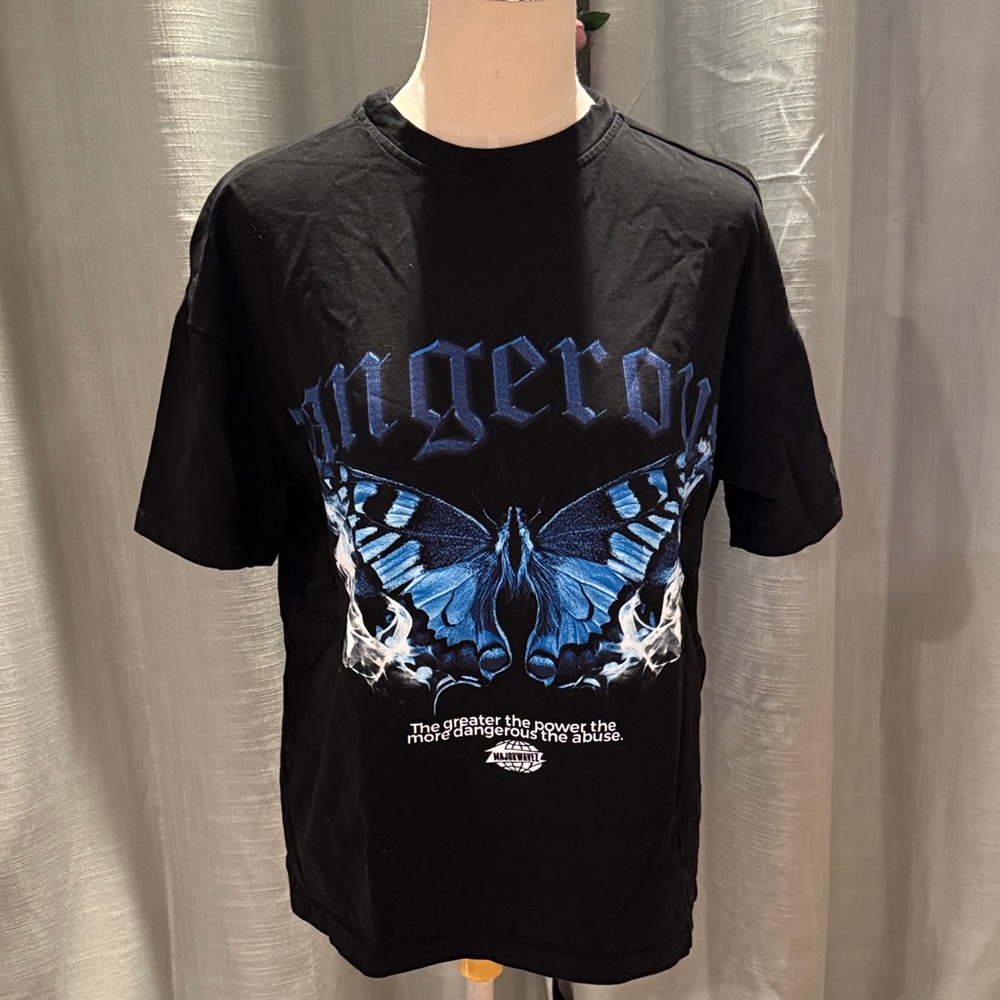 Black T-Shirt with Blue Butterfly Graphic